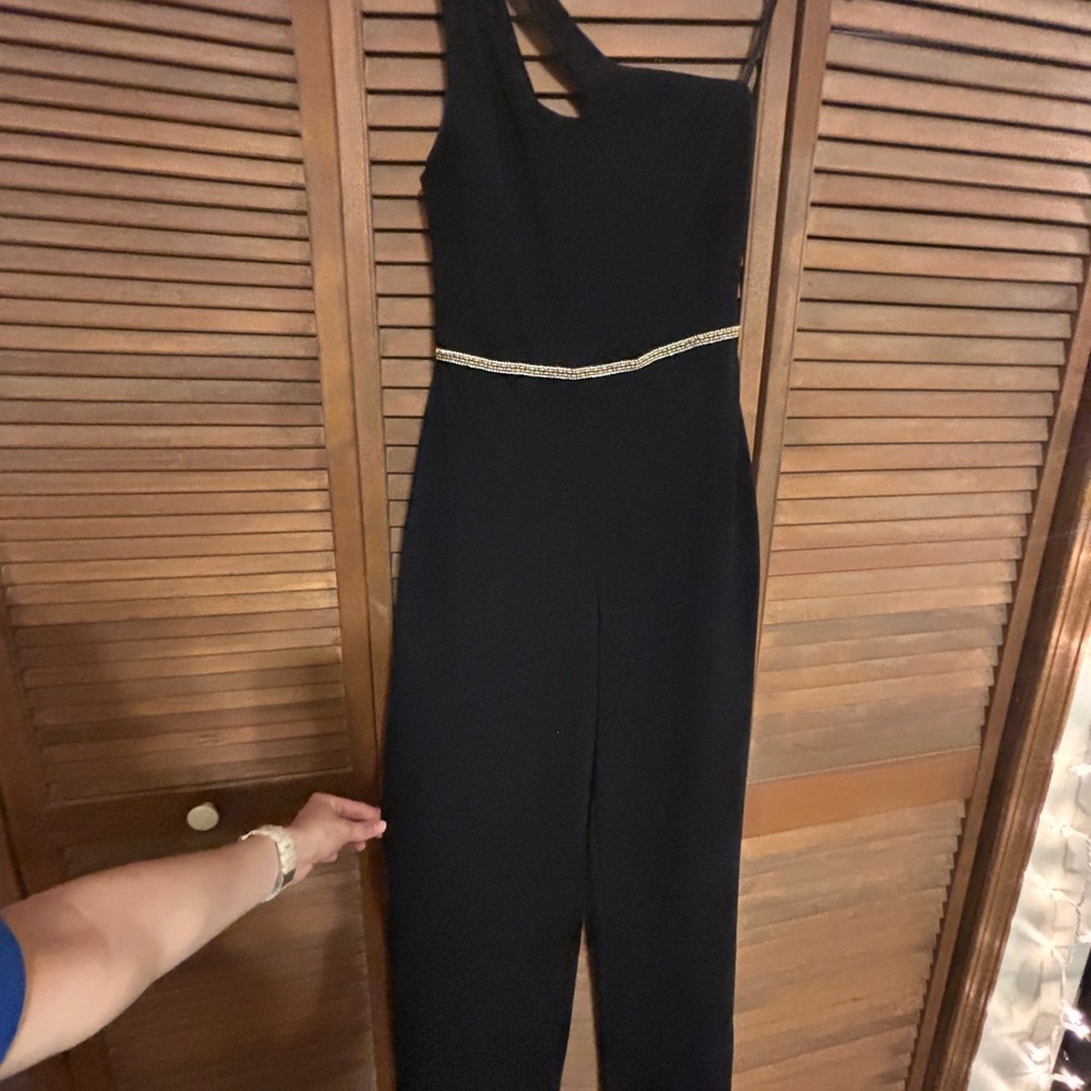 Black one shoulder Jumpsuit with Gold Accent